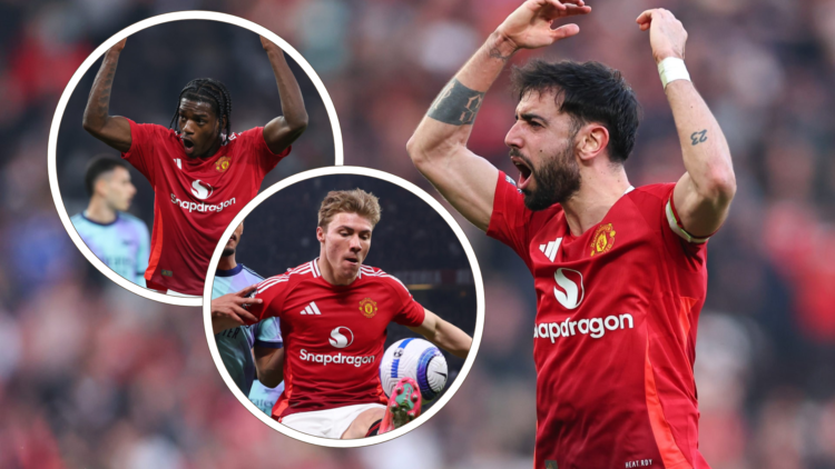 Bruno Fernandes celebrates with arms above his head, inset Ayden Heaven with arms above his head, inset Rasmus Hojlund tries to control the ball