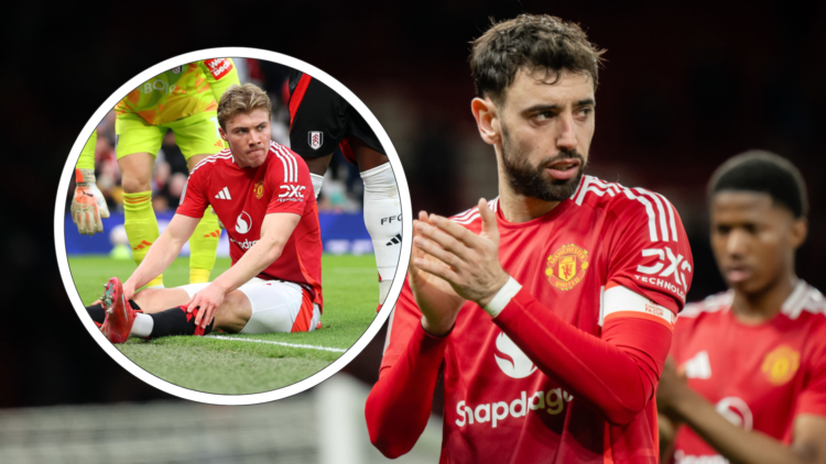 Bruno Fernandes applauds, inset Rasmus Hojlund sits down