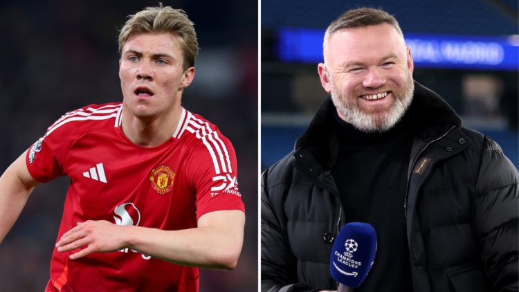 Split image of Rasmus Højlund in a Premier League match (left) and Wayne Rooney as a pundit (right).
