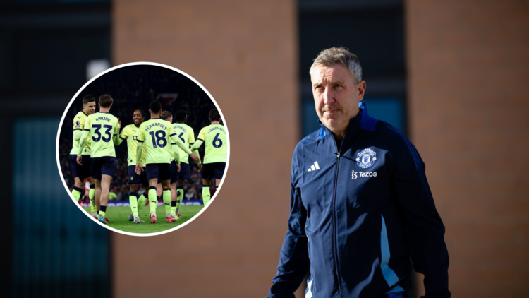 Jason Wilcox in Manchester United tracksuit walking. Inset Tyler Dibling celebrates with teammates at Old Trafford.