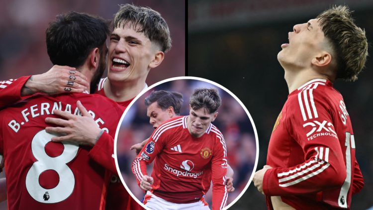 MANCHESTER, ENGLAND - MARCH 09: Bruno Fernandes of Manchester United celebrates with Alejandro Garnacho after scoring their side's first goal durin...