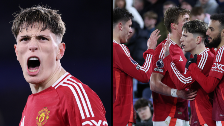 LEICESTER, ENGLAND - MARCH 16: Alejandro Garnacho of Manchester United celebrates with team mates after scoring their second goal during the Premie...