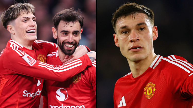Bruno Fernandes of Manchester United (R) celebrates with Alejandro Garnacho of Manchester United after scoring their 1st goal during the Emirates F...