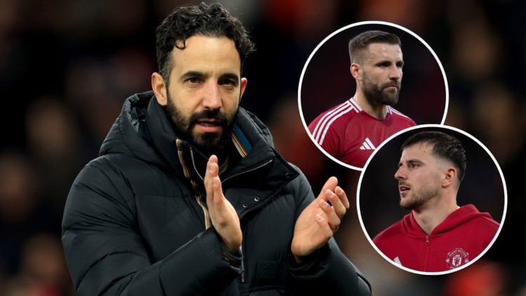 Rúben Amorim looking on and applauding fans, with two insets featuring Luke Shaw and Mason Mount.