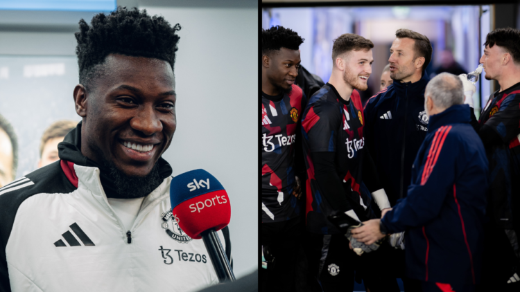 Andre Onana of Manchester United is interviewed ahead of the Premier League match between Leicester City FC and Manchester United FC at The King Po...