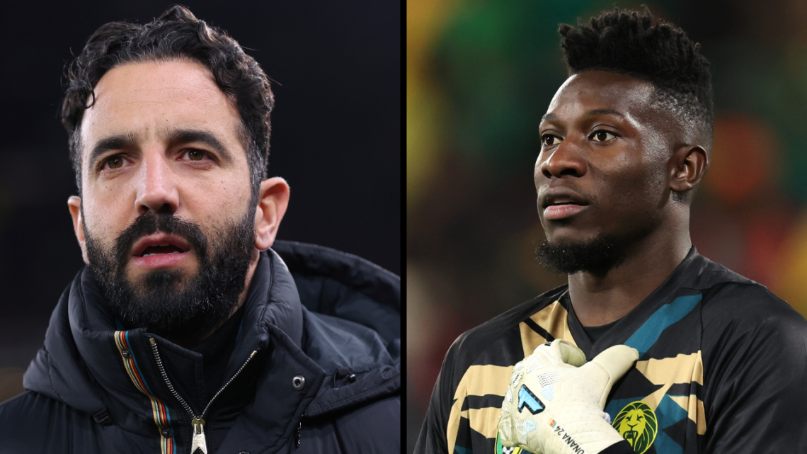 Andre Onana of Cameroon during the International Friendly match between Senegal and Cameroon at Stade Bollaert-Delelis. Insert: Ruben Amorim the ma...