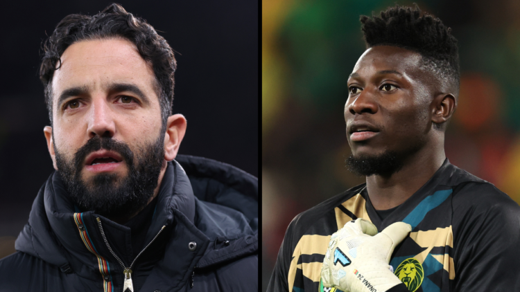 Andre Onana of Cameroon during the International Friendly match between Senegal and Cameroon at Stade Bollaert-Delelis. Insert: Ruben Amorim the ma...