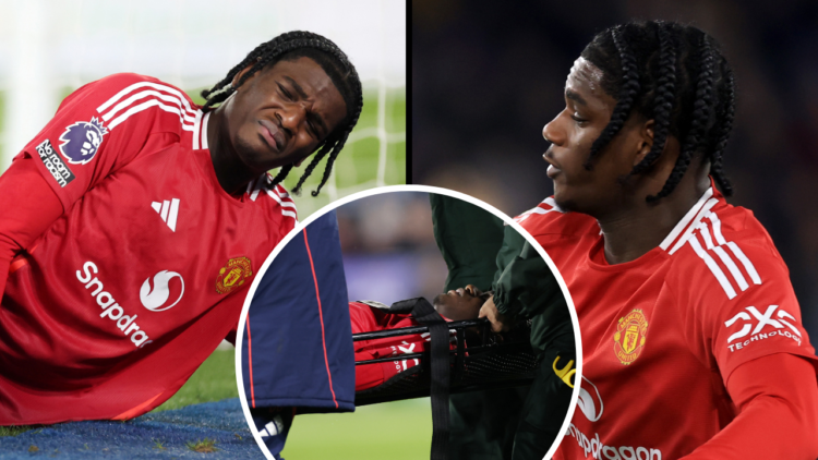 Ayden Heaven of Manchester United picks a serious injury before being stretchered off during the Premier League match between Leicester City and Ma...