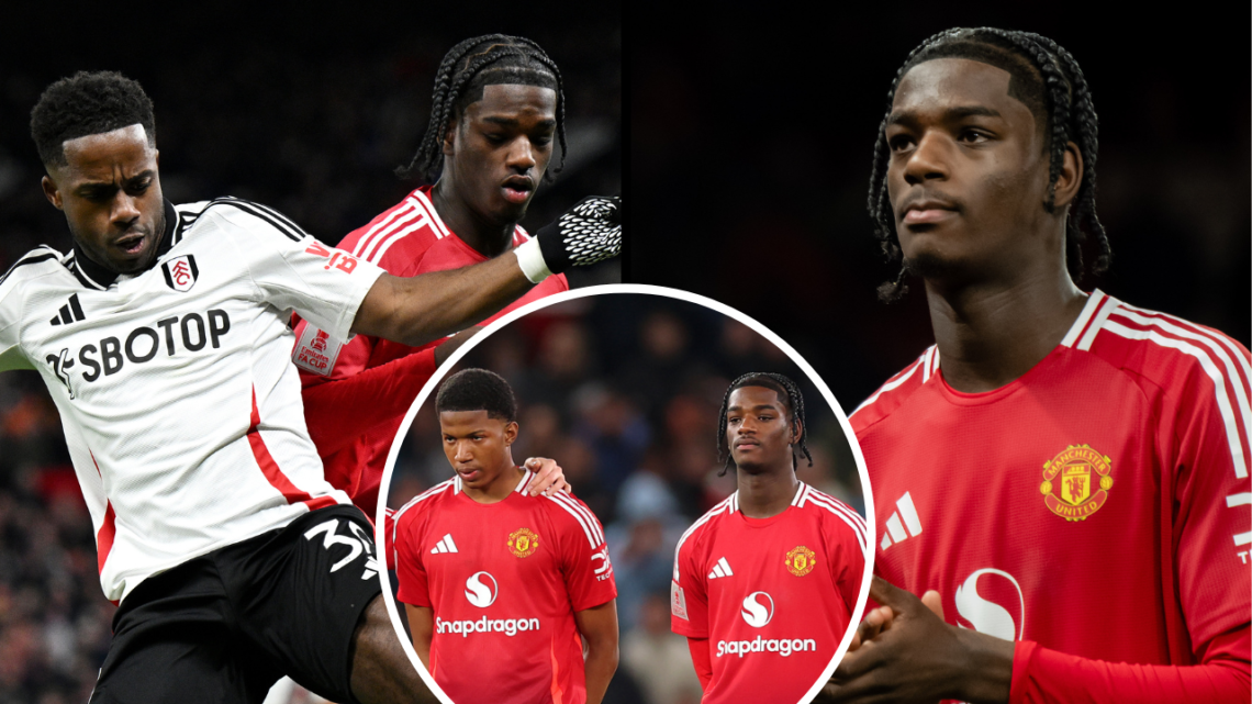 MANCHESTER, ENGLAND - MARCH 02: Ryan Sessegnon of Fulham is challenged by Ayden Heaven of Manchester United during the Emirates FA Cup Fifth Round ...