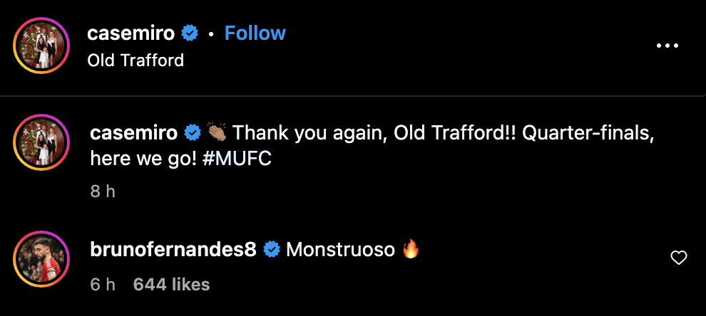 Casemiro and Bruno Fernandes’ messages on Instagram after Manchester United’s win against Real Sociedad. Credit: Instagram