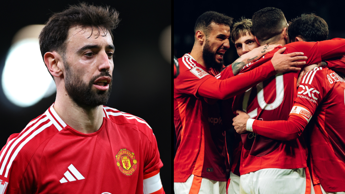 MANCHESTER, ENGLAND - MARCH 02: Bruno Fernandes of Manchester United celebrates scoring their first goal during the Emirates FA Cup Fifth Round mat...