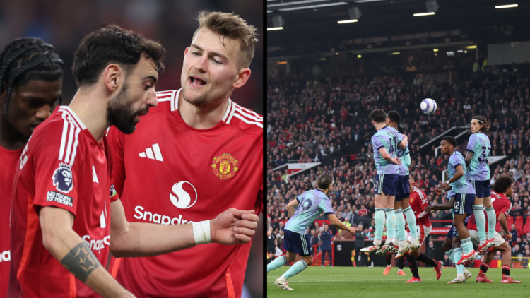 MANCHESTER, ENGLAND - MARCH 09: Matthijs de Ligt of Manchester United talks with Bruno Fernandes during the Premier League match between Manchester...