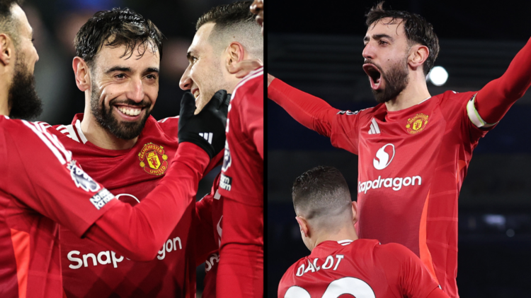 Bruno Fernandes of Manchester United celebrates with teammates after scoring the teams third goal during the Premier League match between Leicester...