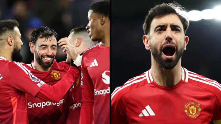 Bruno Fernandes of Manchester United celebrates scoring his team's first goal from the penalty spot during the UEFA Europa League 2024/25 Round of ...