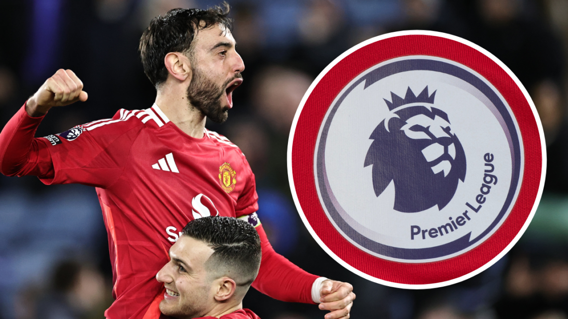 Bruno Fernandes of Manchester United celebrates with teammate Diogo Dalot after scoring the teams third goal during the Premier League match betwee...