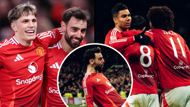 MANCHESTER, ENGLAND - MARCH 2: Bruno Fernandes of Manchester United (R) celebrates with Alejandro Garnacho of Manchester United after scoring their...