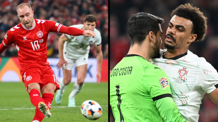 Christian Eriksen of Denmark has a penalty saved by Diogo Costa of Portugal (not pictured) during the UEFA Nations League quarterfinal leg one matc...