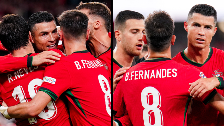 Cristiano Ronaldo of Portugal celebrates after scoring his teams second goal, Bernardo Silva of Portugal, Bruno Fernandes of Portugal during the UE...