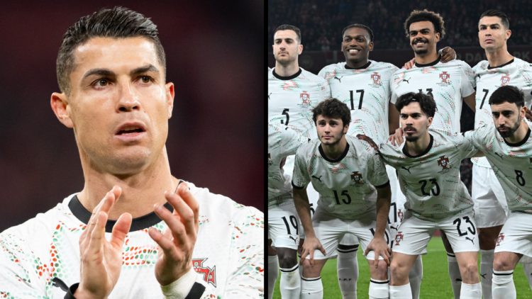 Cristiano Ronaldo of Portugal looks on after defeat during the UEFA Nations League quarterfinal leg one match between Denmark and Portugal at Parke...