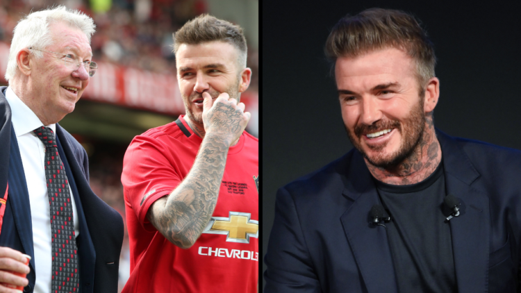 MANCHESTER, ENGLAND - MAY 26: David Beckham of Manchester United '99 Legends walks out with Manchester United '99 Legends Manager Sir Alex Ferguson...