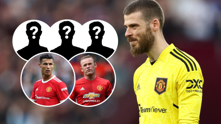 An image of David de Gea, accompanied by five insets: Cristiano Ronaldo, Wayne Rooney, and three mystery player silhouettes.