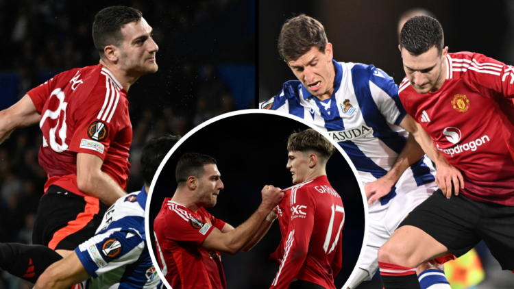SAN SEBASTIAN, SPAIN - MARCH 6: (L-R) Aihen Munoz of Real Sociedad, Diogo Dalot of Manchester United during the UEFA Europa League match between Re...