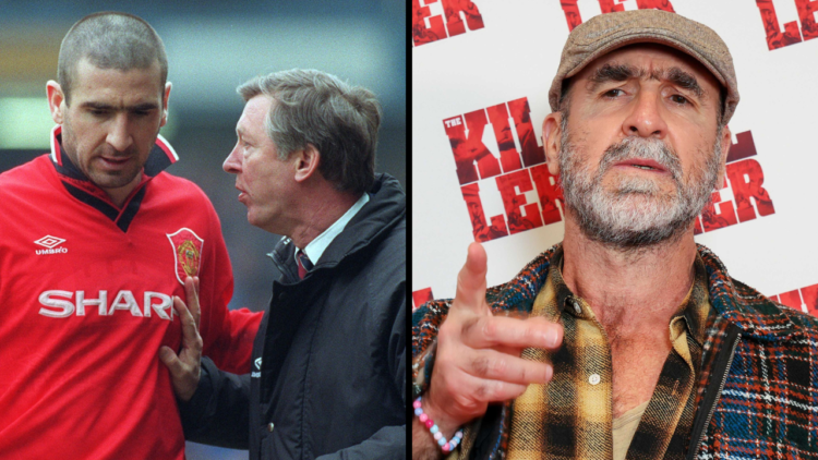 Manchester City v Manchester United -United manager Alex Ferguson talks to Eric Cantona. Insert: Eric Cantona attends the "The Killer" Premiere at ...