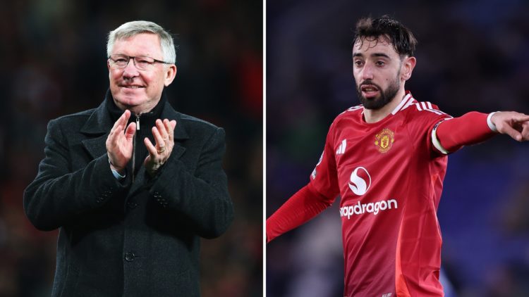 Split image of Sir Alex Ferguson as manager of Manchester United celebrating victory and winning the Premier League title in 2013 (left) and Bruno ...