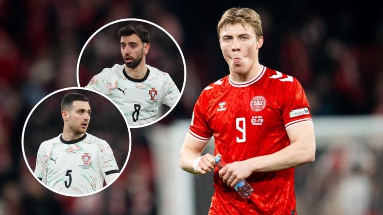 An image of Rasmus Højlund of Denmark gesturing after winning the UEFA Nations League quarterfinal first-leg match between Denmark and Portugal, wi...