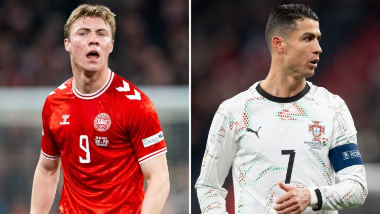 Split image of Rasmus Højlund of Denmark looking on after winning the UEFA Nations League quarterfinal leg one match between Denmark and Portugal (...