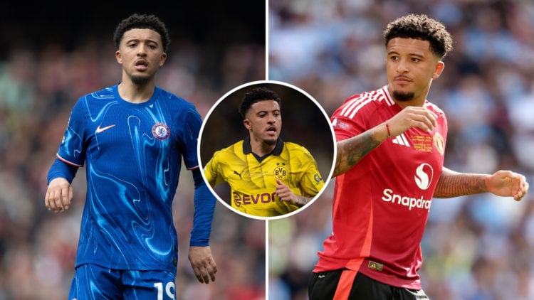 Split image of Jadon Sancho wearing a Chelsea shirt on the left and a Manchester United shirt on the right, with an inset of Jadon Sancho in a Boru...