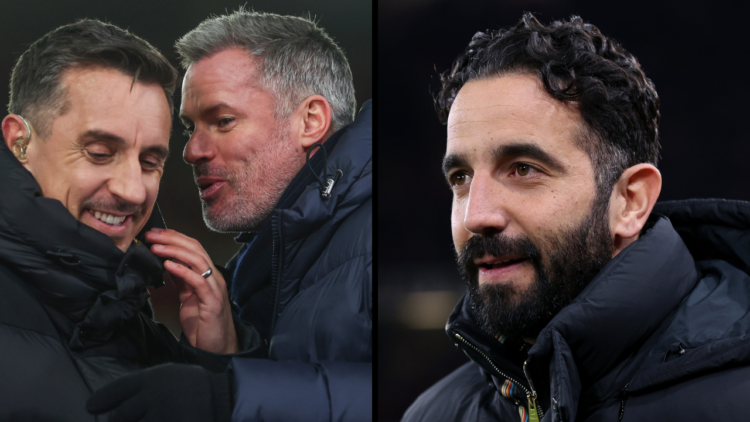 Sky Sports pundits Gary Neville and Jamie Carragher during the Premier League match between Nottingham Forest and Tottenham Hotspur at City Ground....