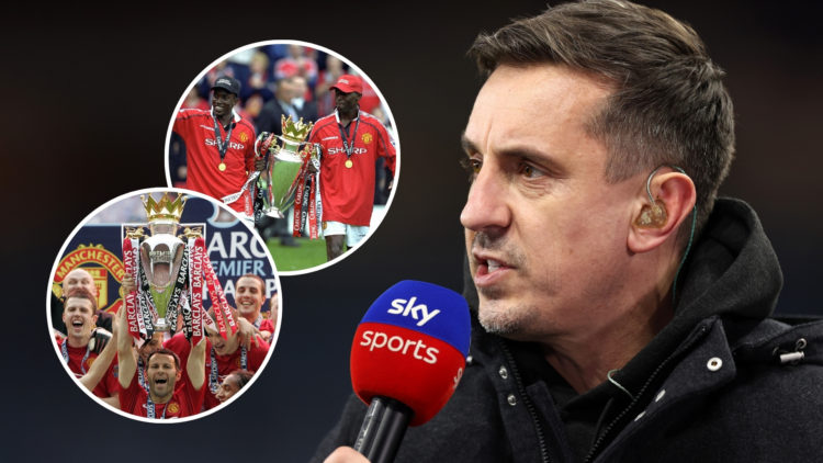 Gary Neville as a pundit, with two insets featuring the Manchester United 1999/2000 team and the 2007/2008 team.