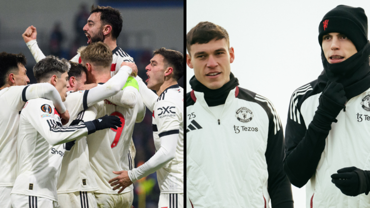 Rasmus Højlund of Manchester United celebrates with his team-mates after scoring his sides second goal during the UEFA Europa League 2024/25 League...