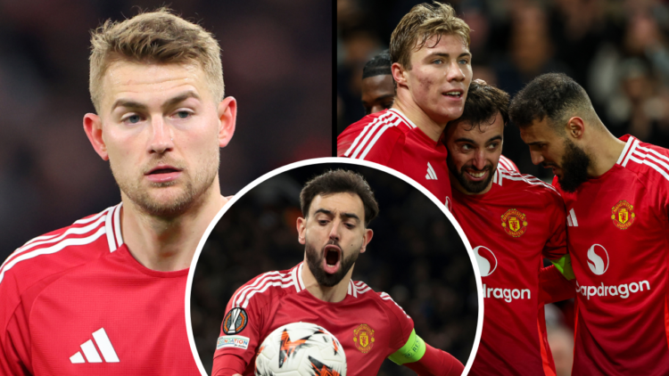 Matthijs de Ligt of Manchester United in action during the UEFA Europa League 2024/25 Round of 16 Second Leg match between Manchester United and Re...