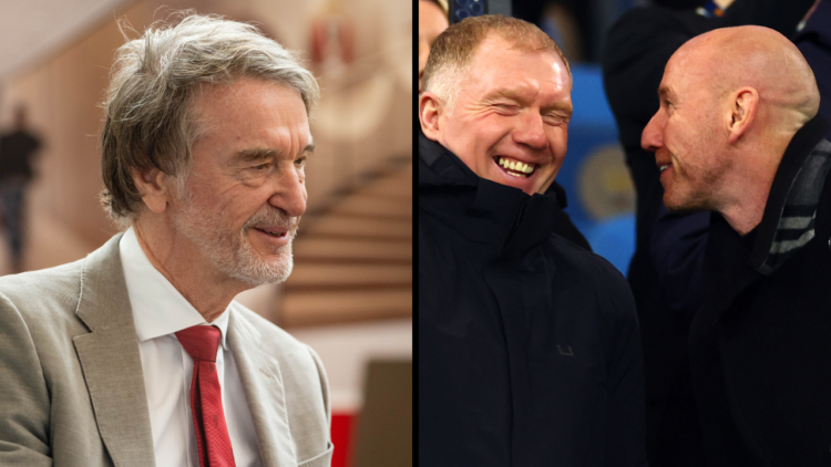 Salford City part-owners Paul Scholes (L) and Nicky Butt look on during the Emirates FA Cup Third Round match between Manchester City and Salford C...