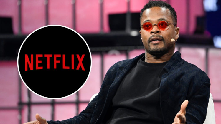 Patrice Evra speaking at a conference, with an inset of the Netflix logo.