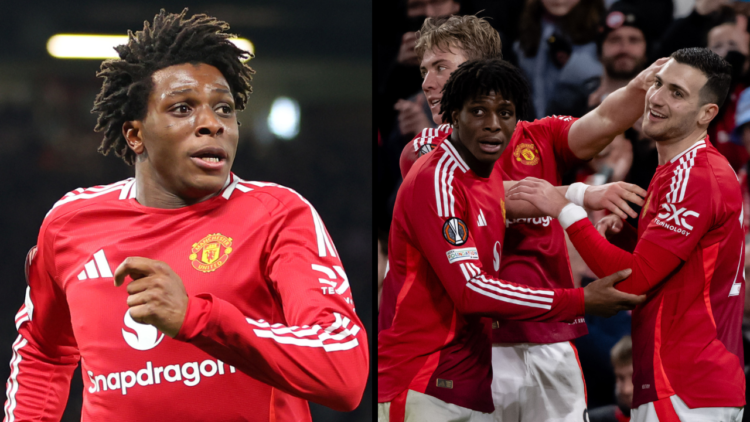 Patrick Dorgu of Manchester United during the UEFA Europa League 2024/25 Round of 16 Second Leg match between Manchester United and Real Sociedad d...