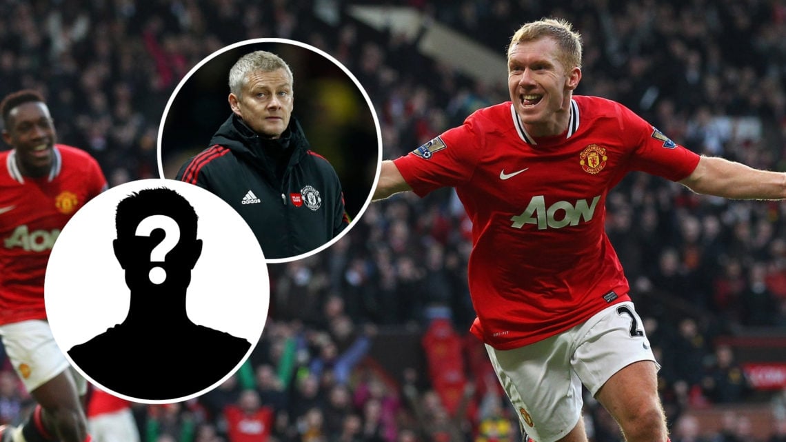 An image of Paul Scholes in his playing days, with two insets: one featuring Ole Gunnar Solskjaer during his time as Manchester United manager and ...