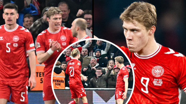 Rasmus Hojlund of Denmark gestures after winning match during the UEFA Nations League quarterfinal leg one match between Denmark and Portugal at Pa...