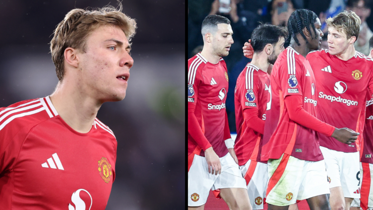 Rasmus Hojlund of Manchester United looks on during the Premier League match between Leicester City FC and Manchester United FC at The King Power S...