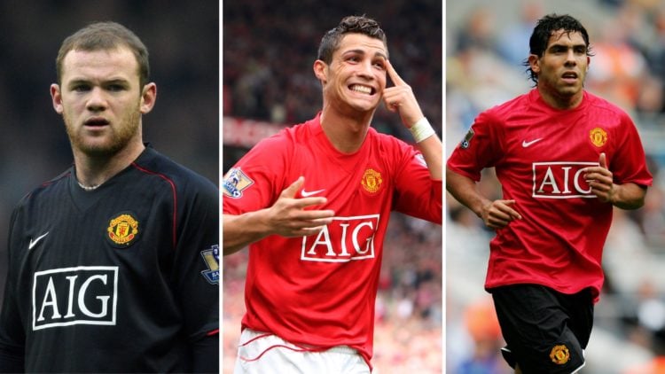 Three-way split image of Wayne Rooney, Cristiano Ronaldo, and Carlos Tevez from 2007.