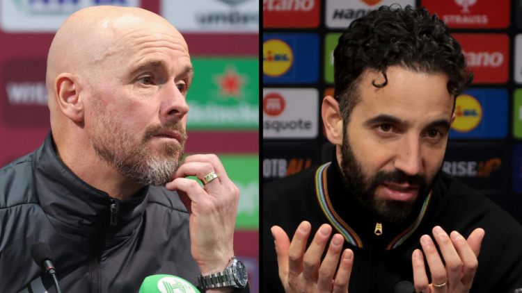 Coach of Manchester United Ruben Amorim speaks to the media during the post-match press conference following the UEFA Europa League 2024/25 Round o...