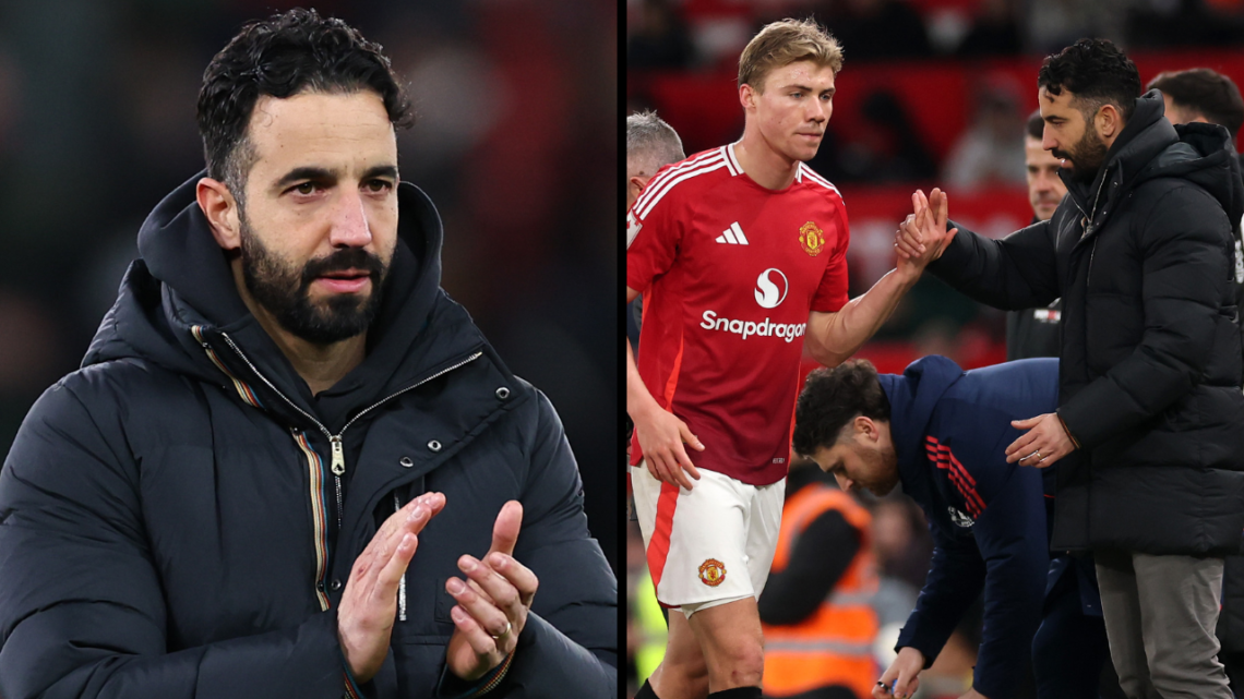MANCHESTER, ENGLAND - MARCH 02: Rasmus Hojlund of Manchester United interacts with Ruben Amorim, Manager of Manchester United, as he is substituted...