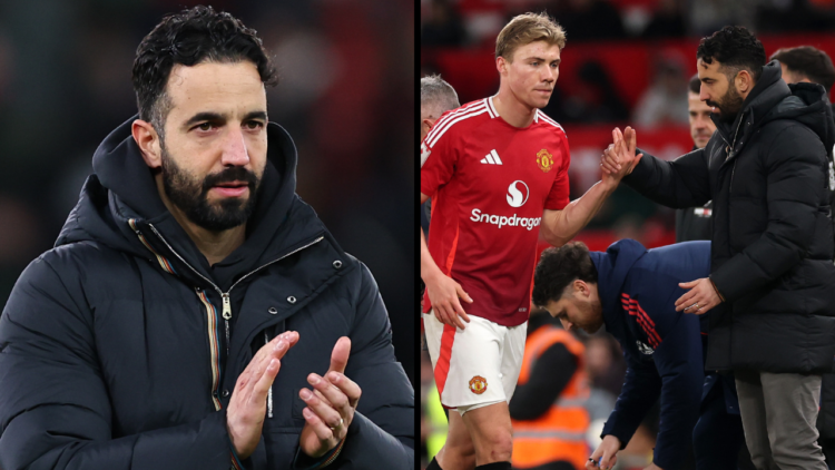 MANCHESTER, ENGLAND - MARCH 02: Rasmus Hojlund of Manchester United interacts with Ruben Amorim, Manager of Manchester United, as he is substituted...