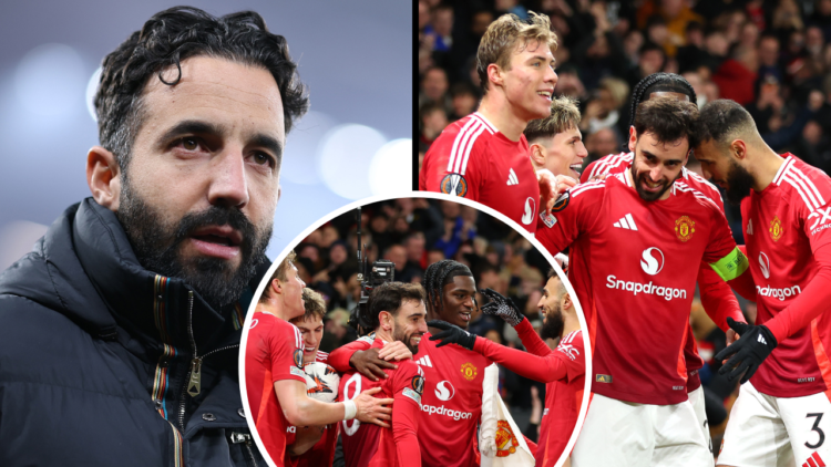 Ruben Amorim the manager of Manchester United looks on during the UEFA Europa League 2024/25 Round of 16 Second Leg match between Manchester United...