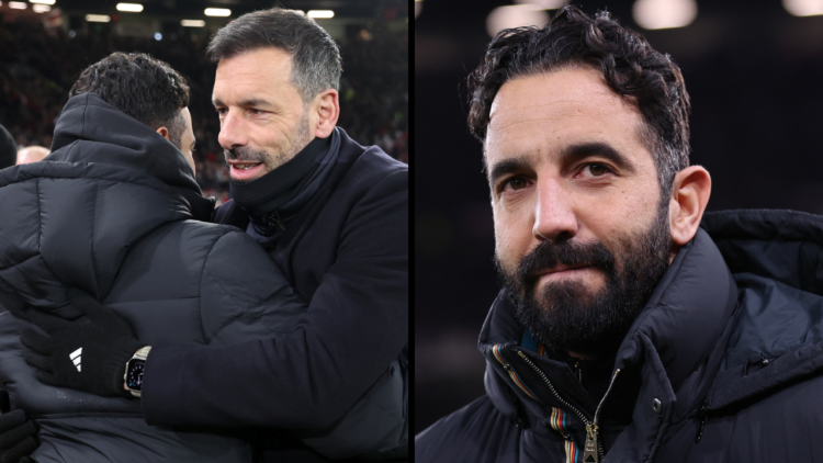 Ruben Amorim the manager of Manchester United looks on prior to the UEFA Europa League 2024/25 Round of 16 Second Leg match between Manchester Unit...