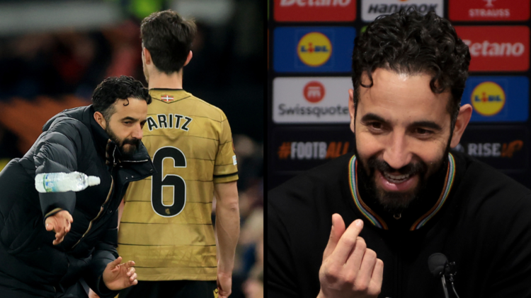 Coach of Manchester United Ruben Amorim speaks to the media during the post-match press conference following the UEFA Europa League 2024/25 Round o...