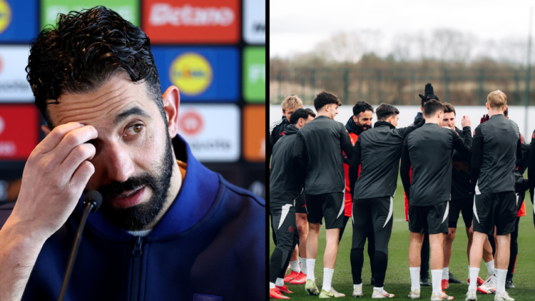 Mason Mount of Manchester United is welcomed back to training during the UEFA 2024/25 Round of 16 training and press conference at Carrington Train...