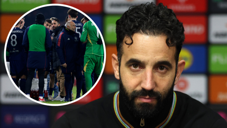 Manchester United manager Ruben Amorim speaks to the media following the UEFA Europa League 2024/25 Round of 16 Second Leg match between Manchester...